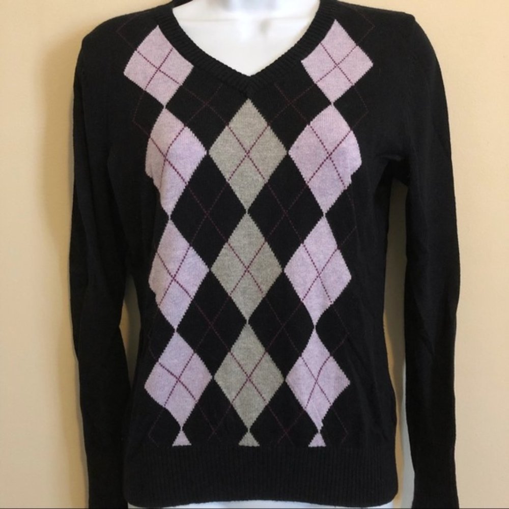 Merona Argyle Sweater Black Purple Gray XS